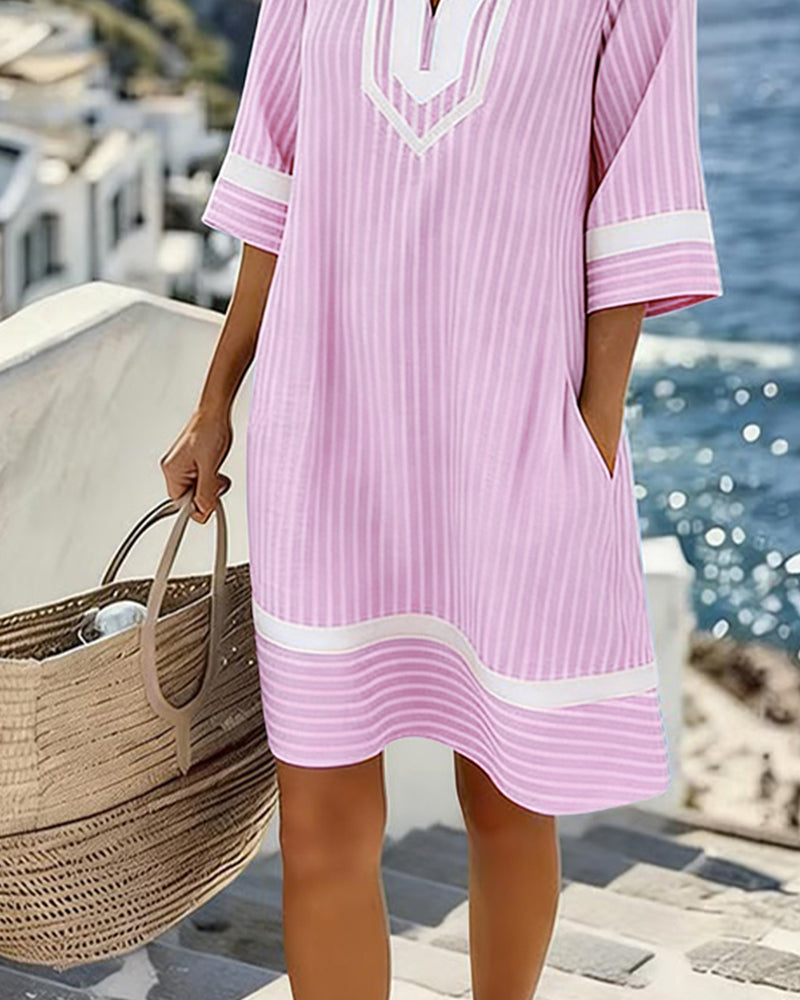 Fifer | Short Sleeve Striped Dress with V-Neck