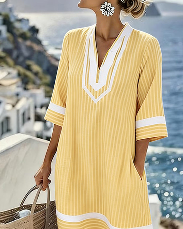 Fifer | Short Sleeve Striped Dress with V-Neck