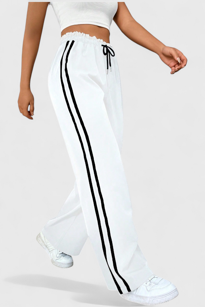 Alanys side-detail flared sport pants with double side stripes and drawstring waist