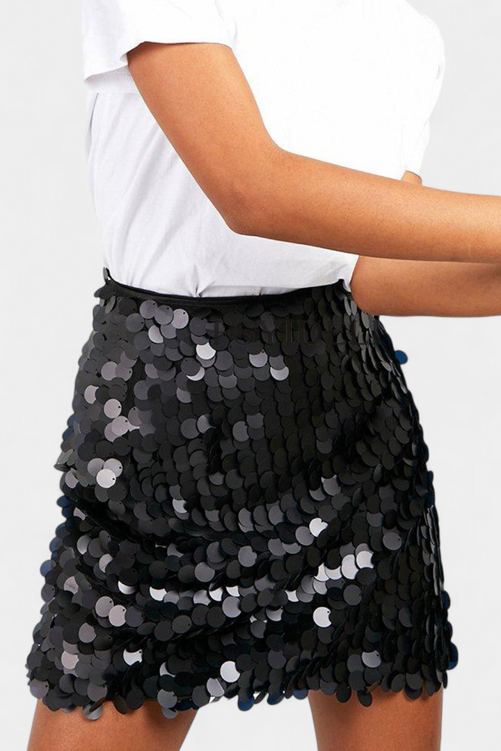 Veena sequined mini skirt shown in black, gold and silver