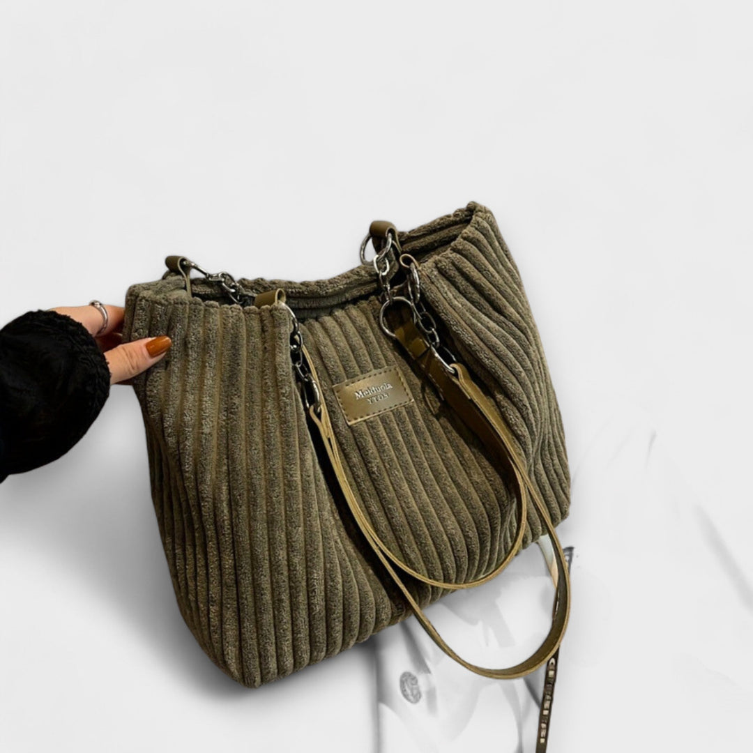 Alvinda ribbed shoulder bag with metal chain strap in khaki