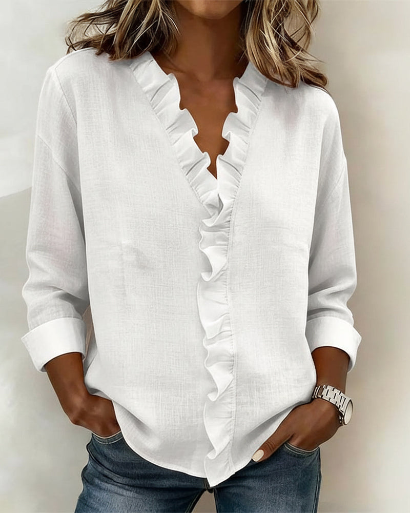 Elissavienne | Elegant Cotton Blouse with Ruffles and V-Neck