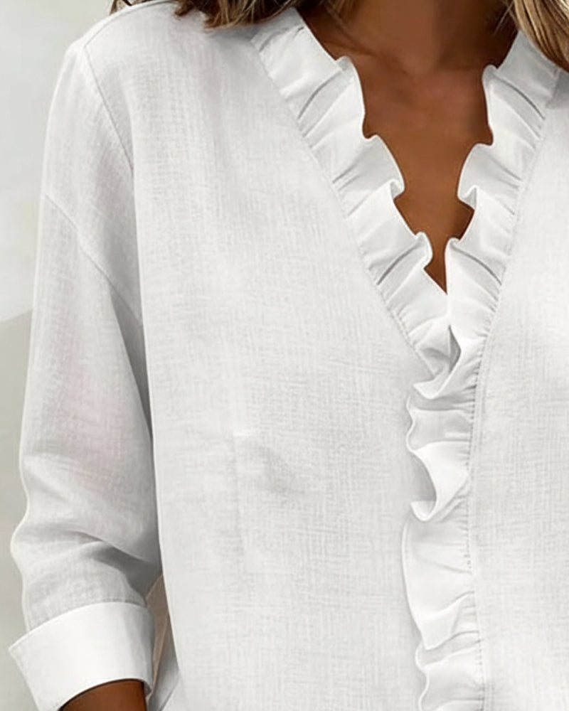 Elissavienne | Elegant Cotton Blouse with Ruffles and V-Neck