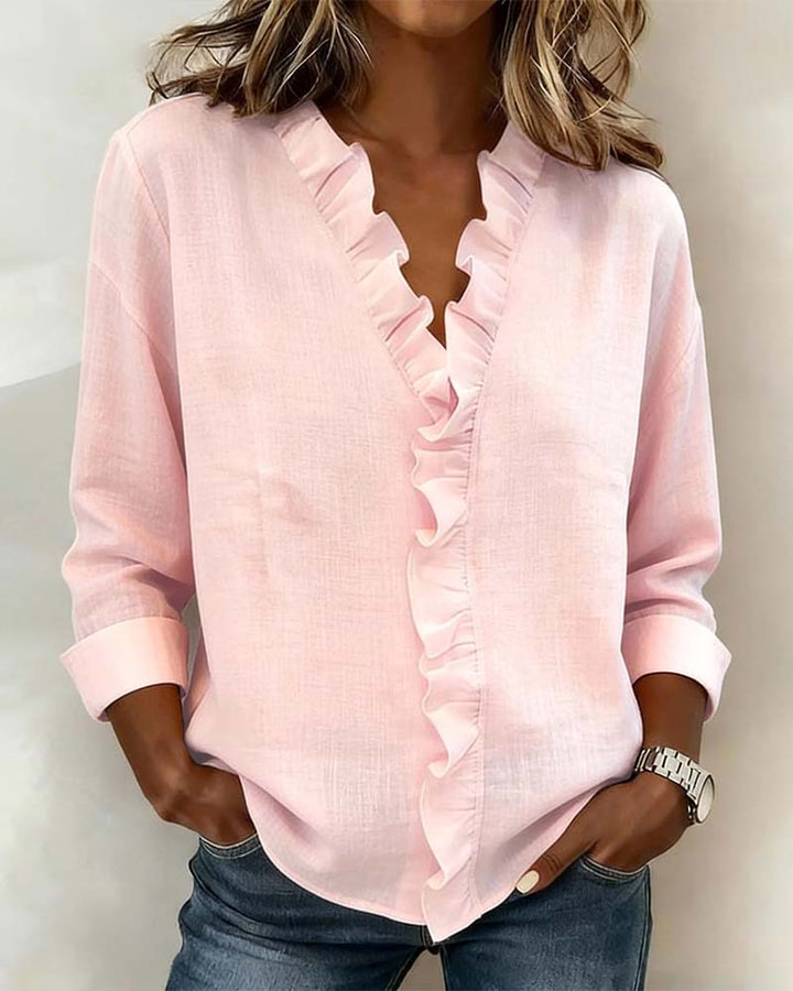 Elissavienne | Elegant Cotton Blouse with Ruffles and V-Neck