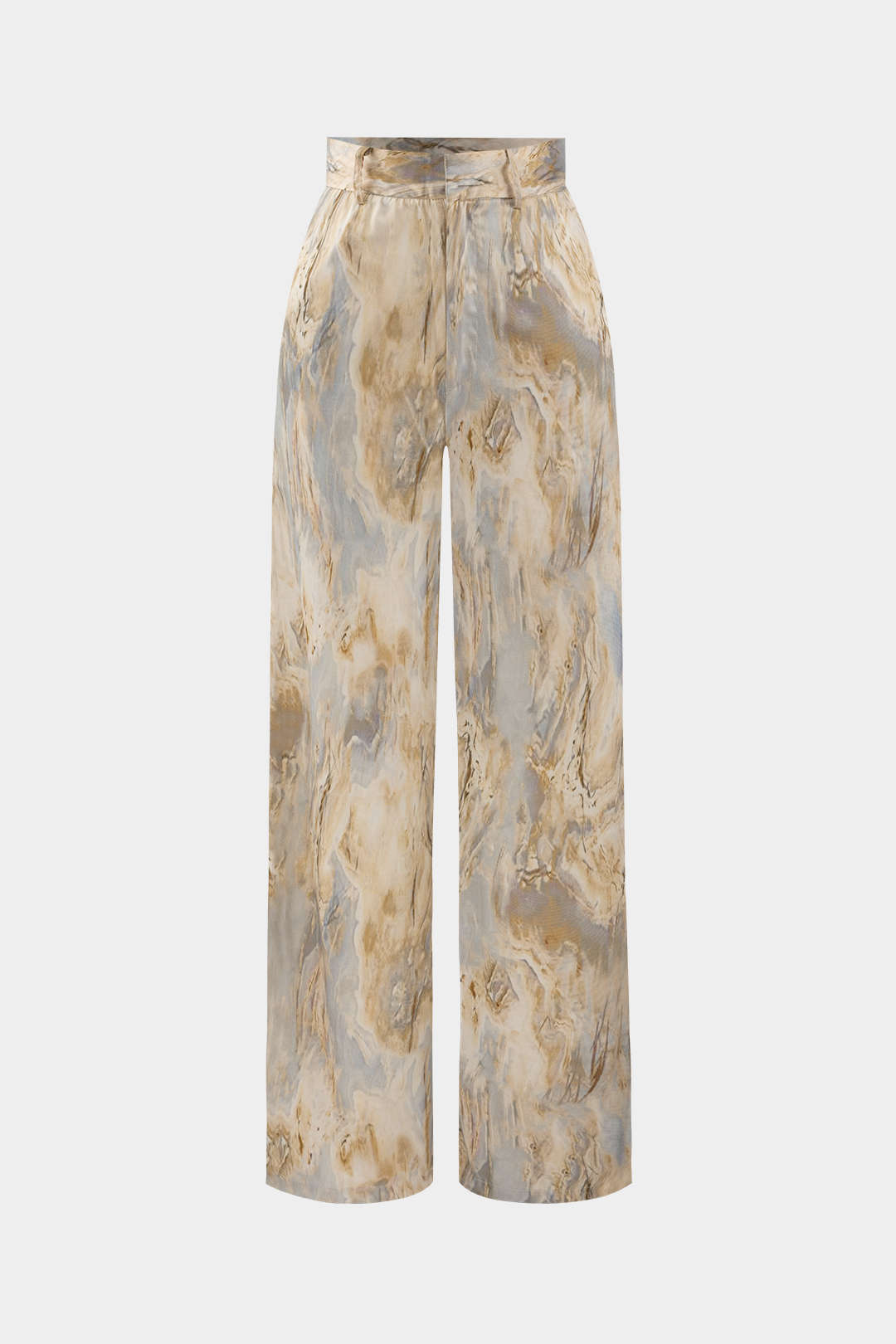 High-waisted marble-print straight leg trousers shown in beige, green and blue