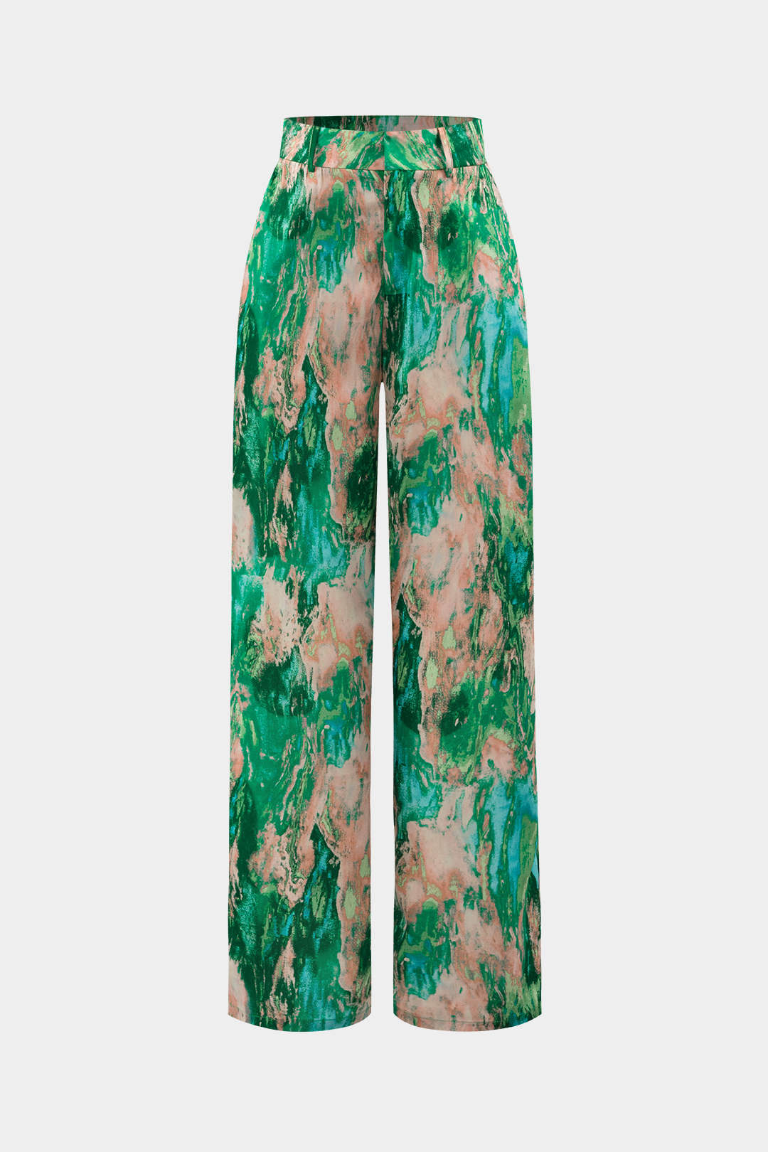 High-waisted marble-print straight leg trousers shown in beige, green and blue
