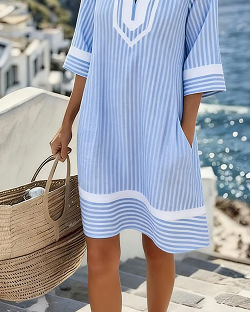 Fifer | Short Sleeve Striped Dress with V-Neck