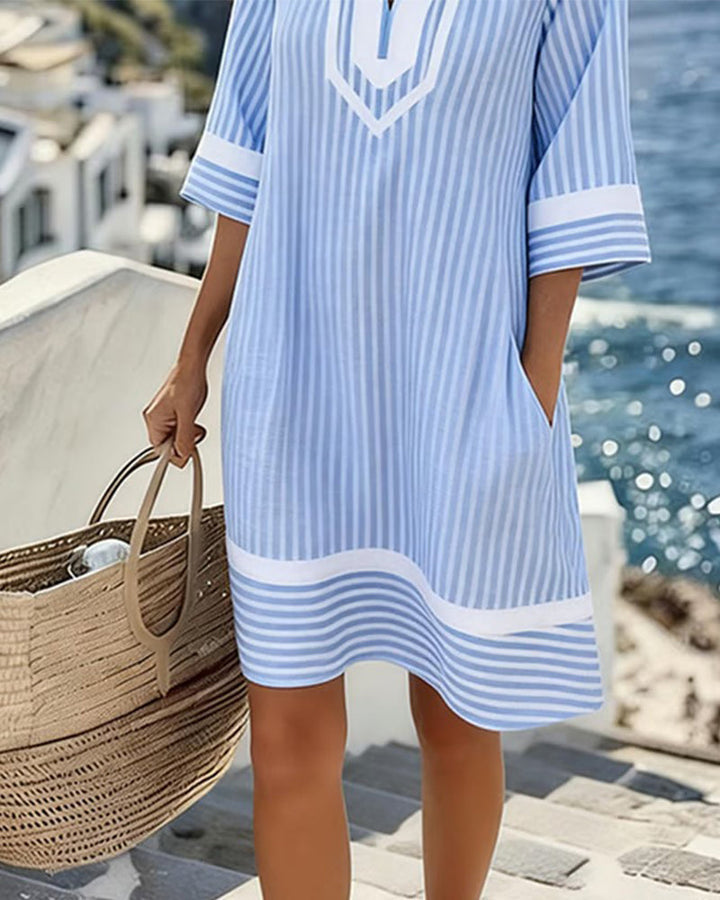 Fifer | Short Sleeve Striped Dress with V-Neck