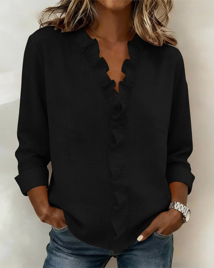 Elissavienne | Elegant Cotton Blouse with Ruffles and V-Neck