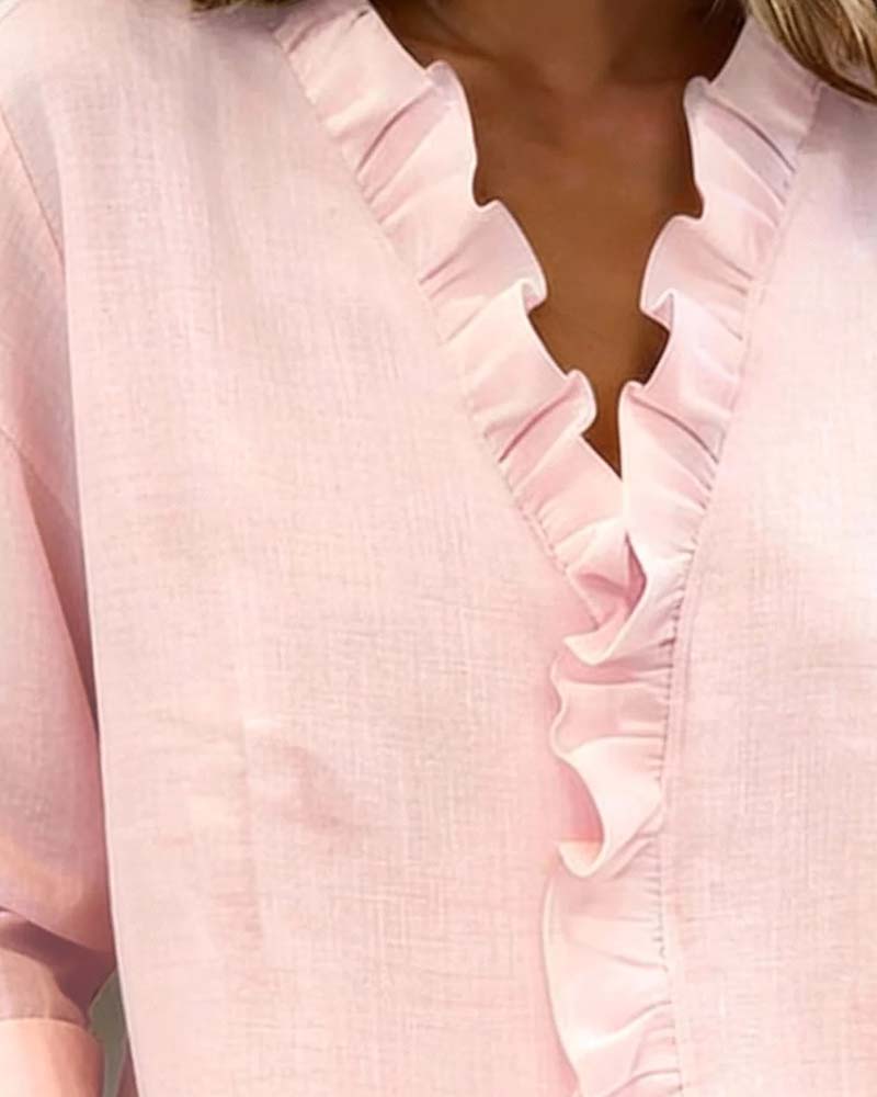 Elissavienne | Elegant Cotton Blouse with Ruffles and V-Neck