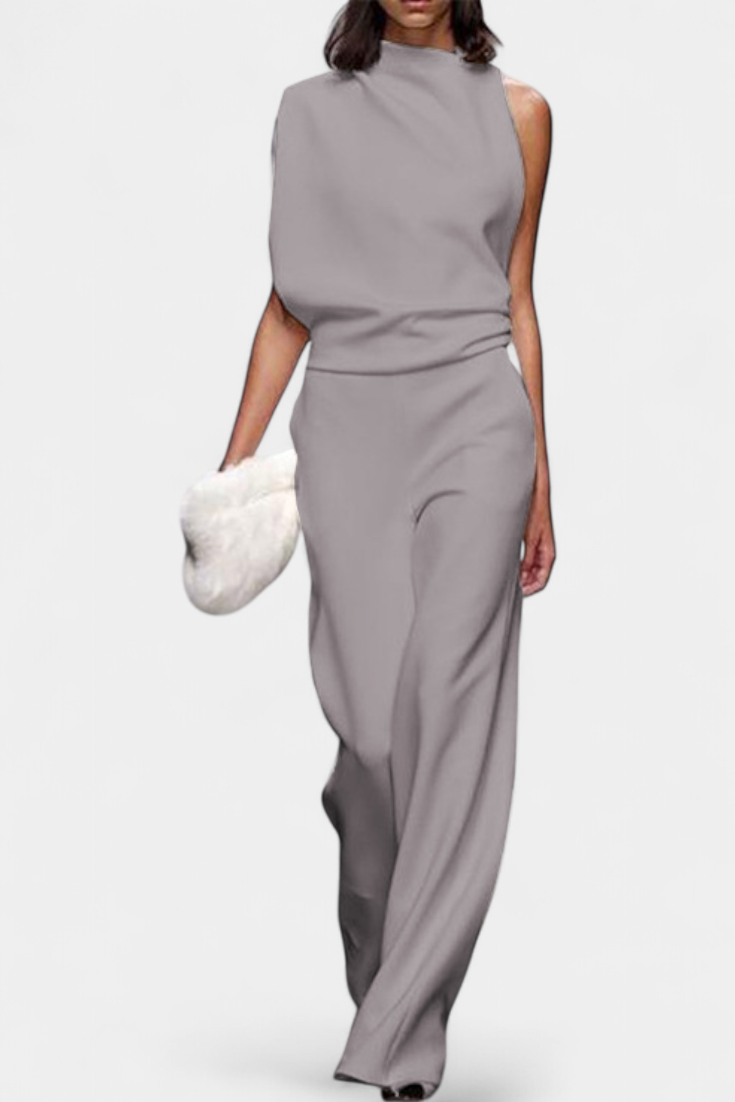 Etta asymmetrical one-shoulder wide-leg jumpsuit with fitted waist