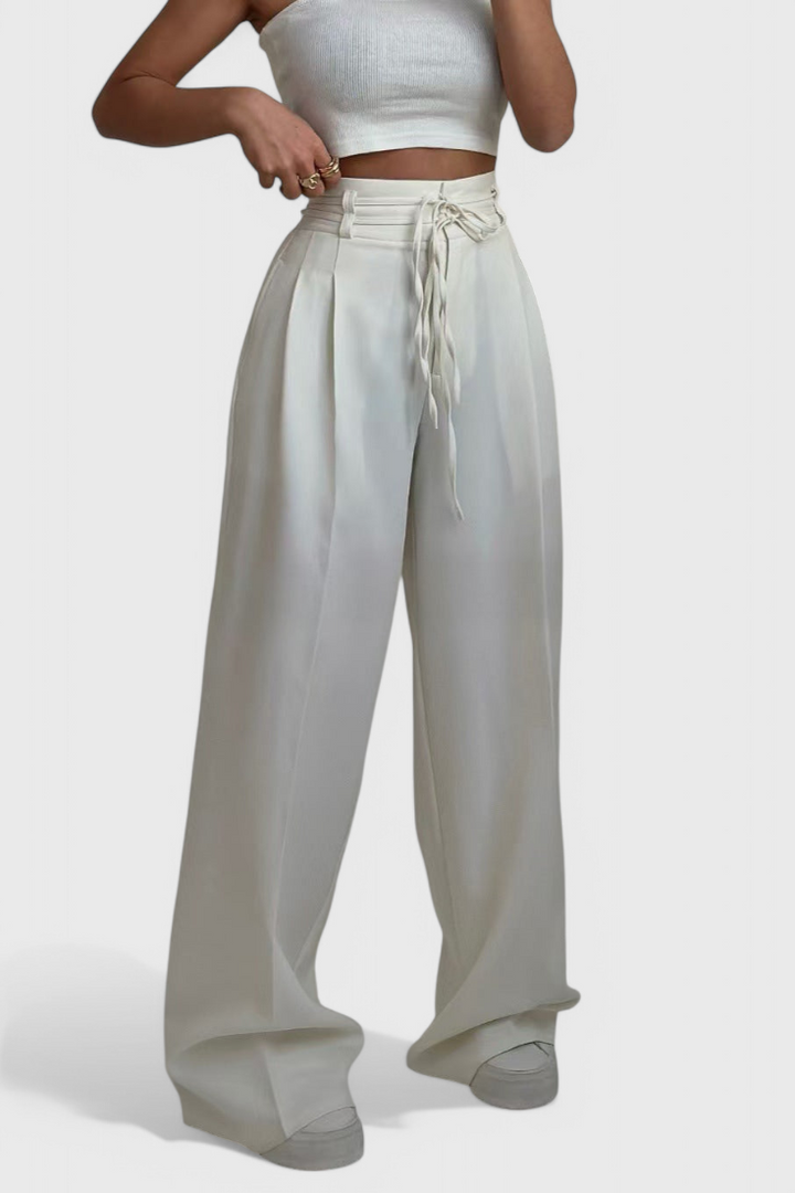 Sophie high-waisted wide-leg trousers with cord accents shown in neutral tones