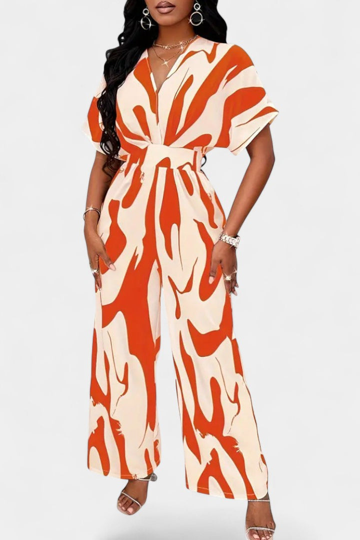 Zahara V-neck wide-leg jumpsuit with abstract print and fitted waist