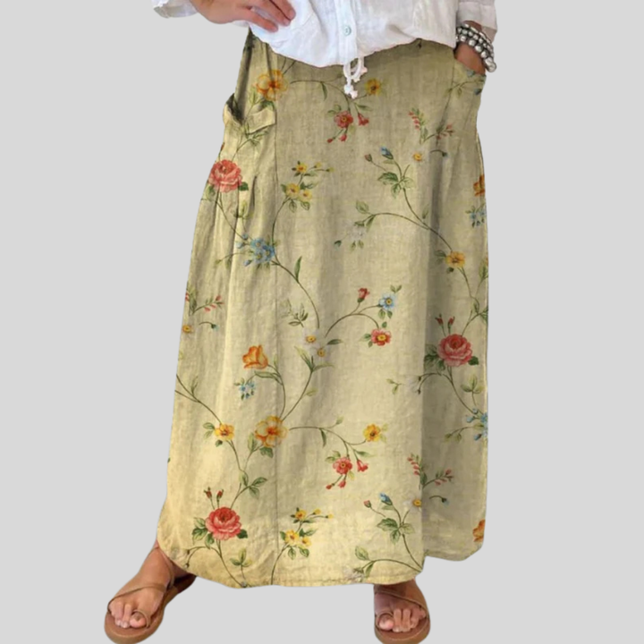 Mella retro floral A-line skirt with elastic waistband in beige
