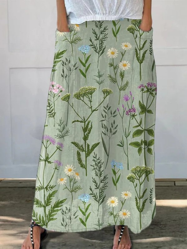Green A-line linen-blend skirt with spring field floral print and pockets