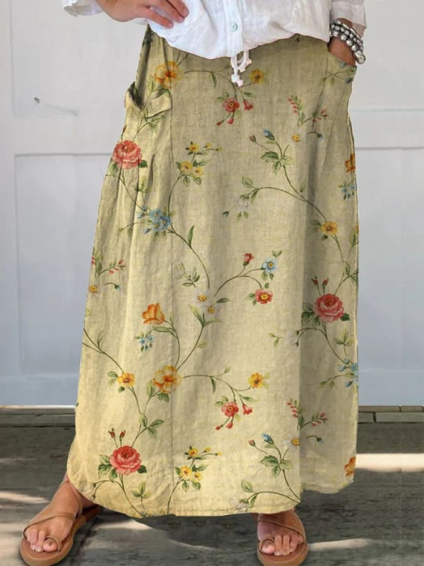 Mella retro floral A-line skirt with elastic waistband in beige