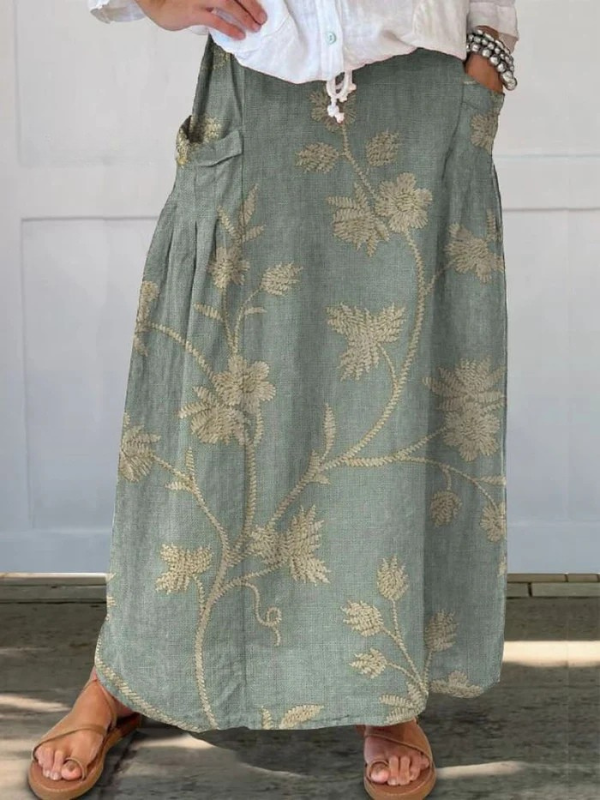 Mella retro floral A-line skirt with elastic waistband in beige