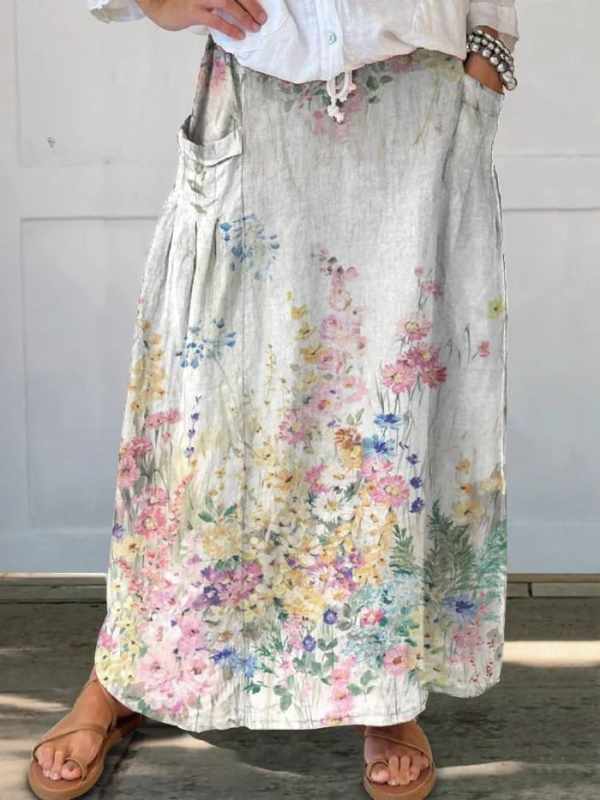 Mella retro floral A-line skirt with elastic waistband in beige