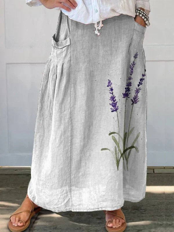 Watercolour lavender floral A-line skirt with elastic waistband and side pockets