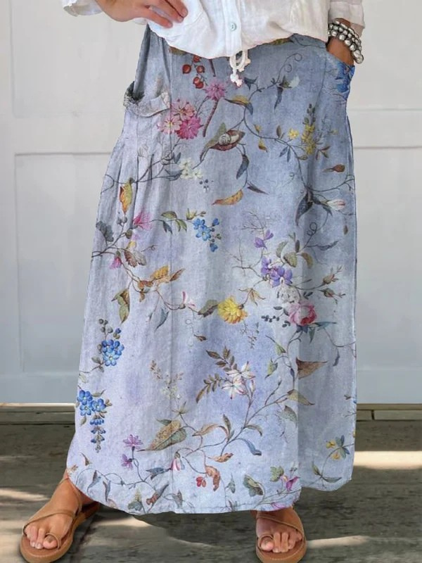 Vintage blue print A-line linen blend skirt with elastic waistband and side pockets