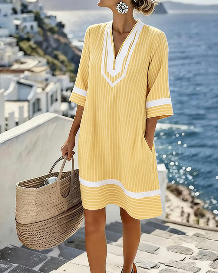 Fifer | Short Sleeve Striped Dress with V-Neck