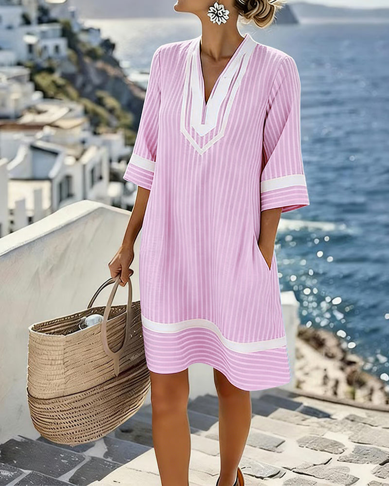 Fifer | Short Sleeve Striped Dress with V-Neck