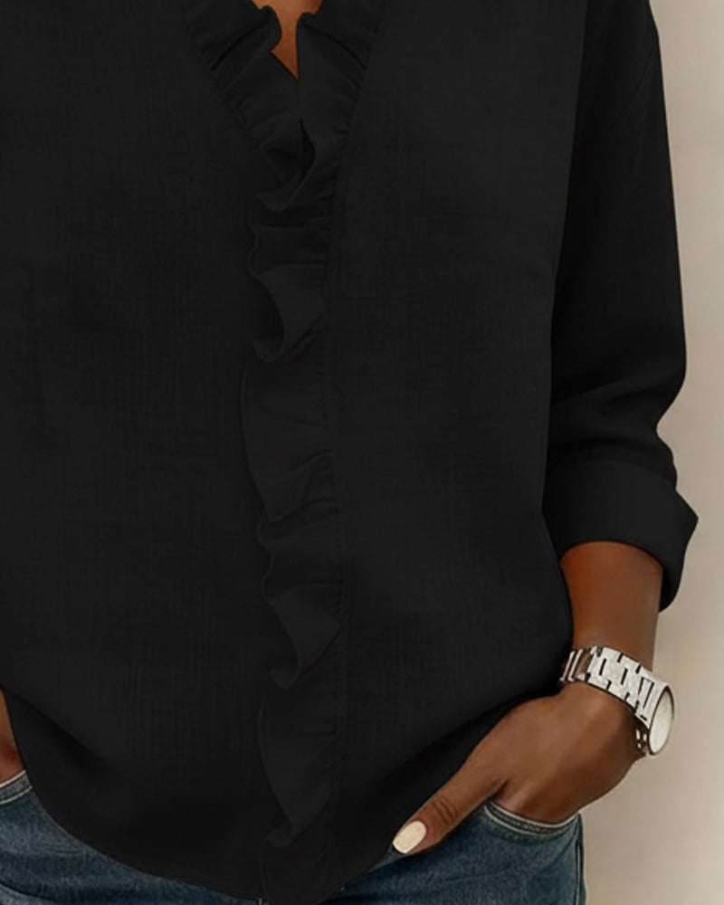 Elissavienne | Elegant Cotton Blouse with Ruffles and V-Neck