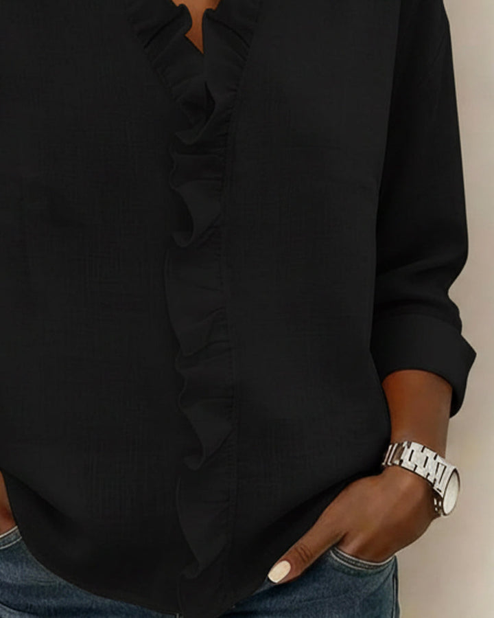 Elissavienne | Elegant Cotton Blouse with Ruffles and V-Neck