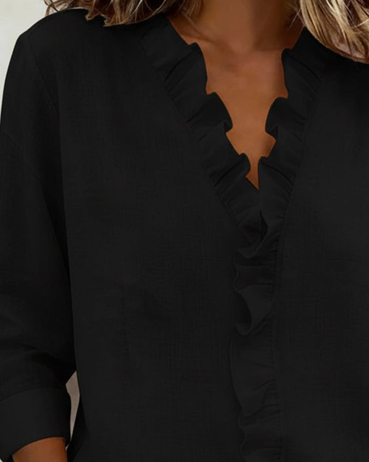 Elissavienne | Elegant Cotton Blouse with Ruffles and V-Neck