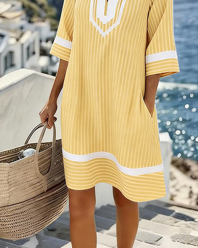 Fifer | Short Sleeve Striped Dress with V-Neck