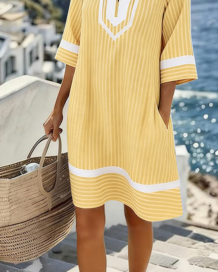 Fifer | Short Sleeve Striped Dress with V-Neck