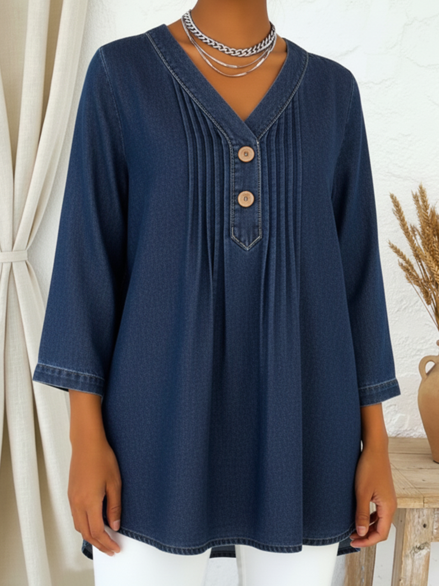 Avelynne | Flowy Denim Blouse with V-Neck
