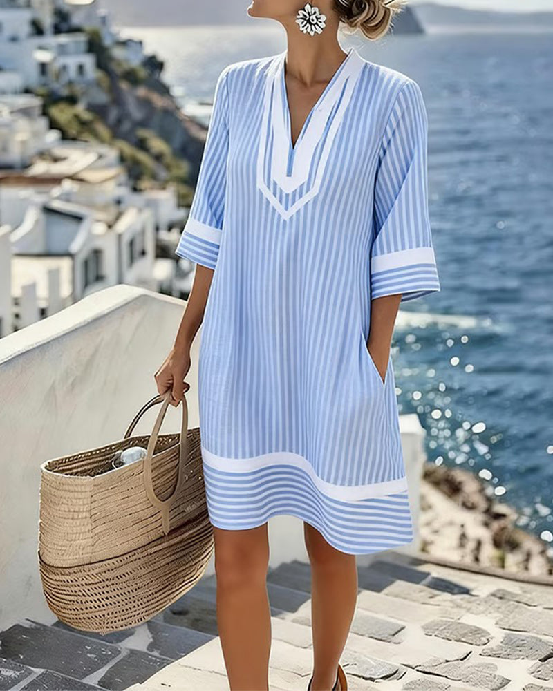 Fifer | Short Sleeve Striped Dress with V-Neck