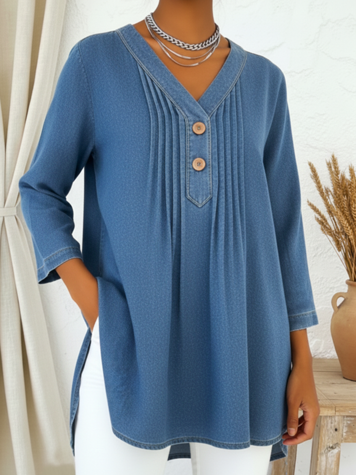 Avelynne | Flowy Denim Blouse with V-Neck