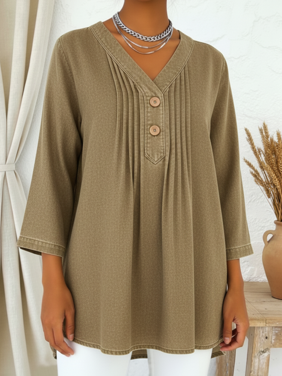 Avelynne | Flowy Denim Blouse with V-Neck