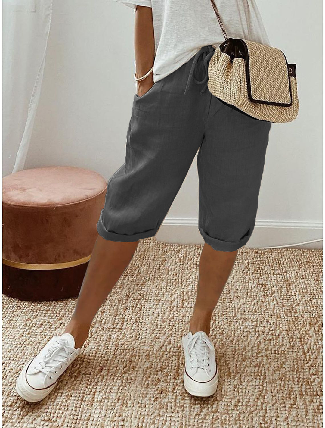 Anne relaxed capri pants with drawstring waist in blue and gray
