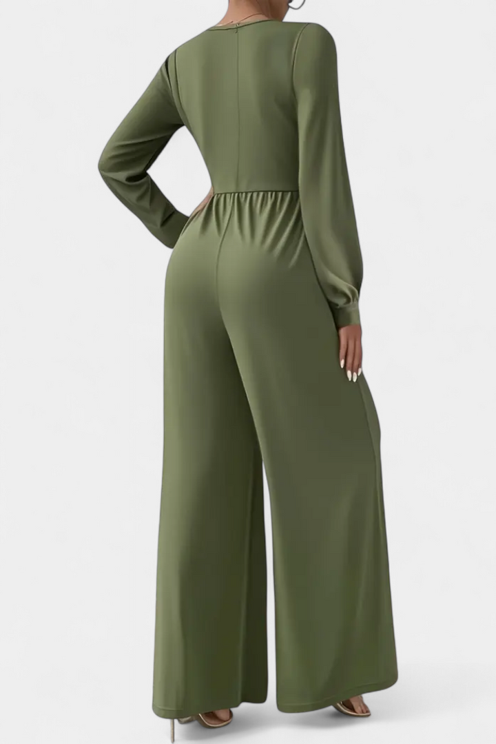 Eudora chic V-neck tailored jumpsuit shown in burgundy, green and black