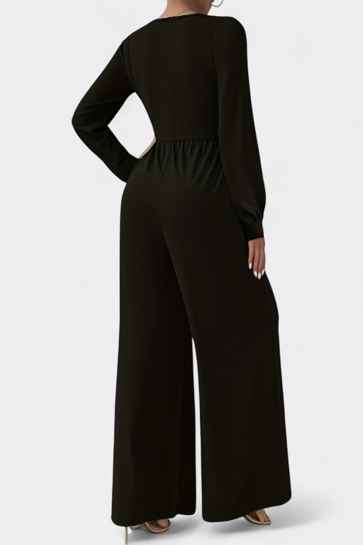 Eudora chic V-neck tailored jumpsuit shown in burgundy, green and black