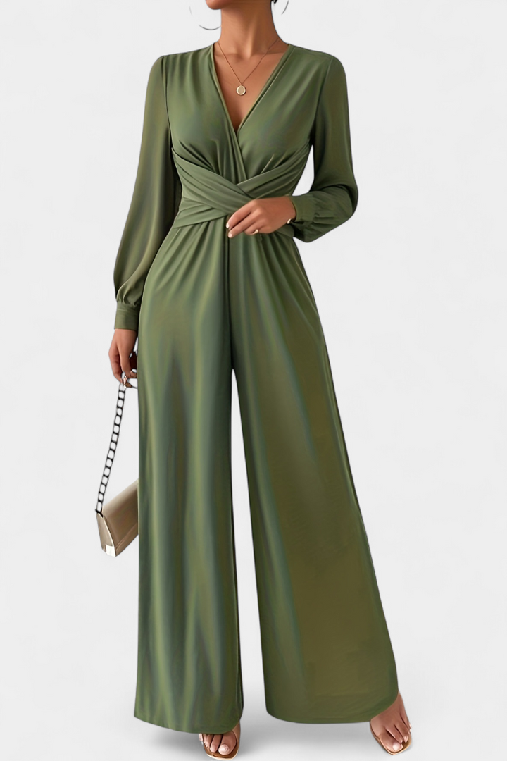 Eudora chic V-neck tailored jumpsuit shown in burgundy, green and black