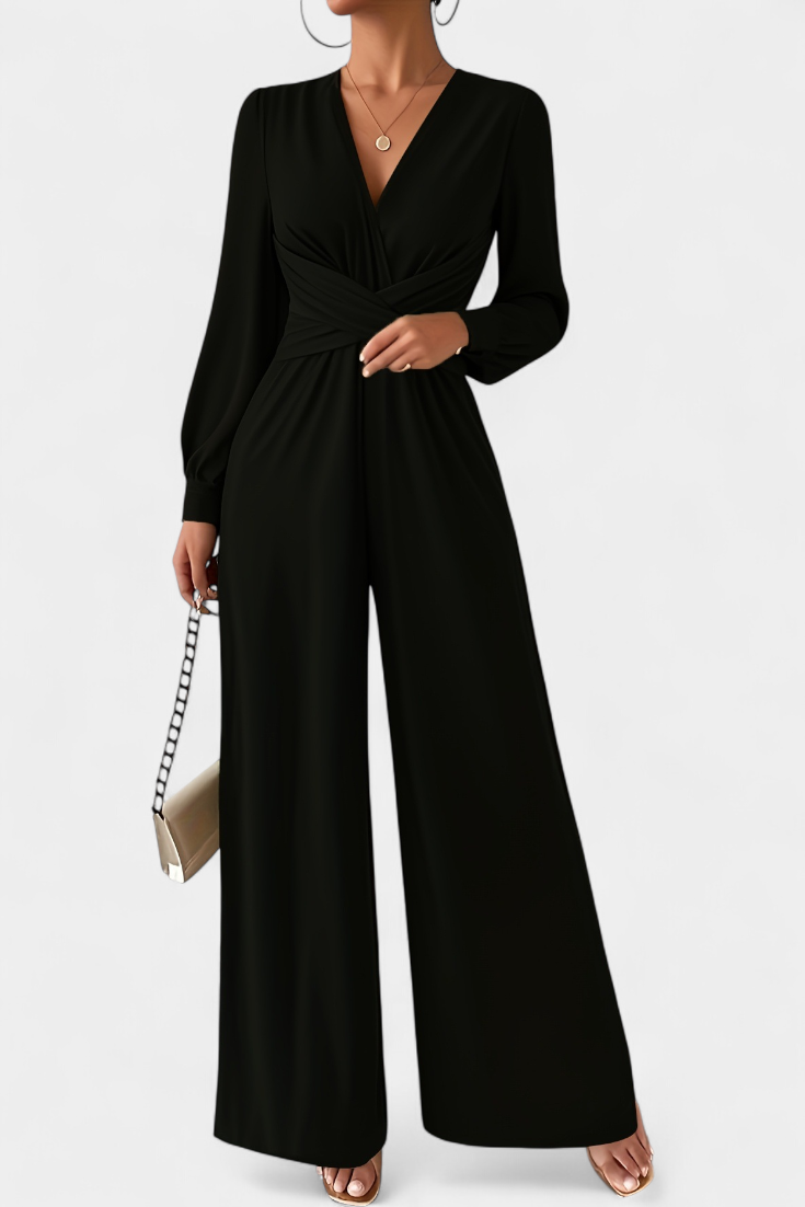 Eudora chic V-neck tailored jumpsuit shown in burgundy, green and black