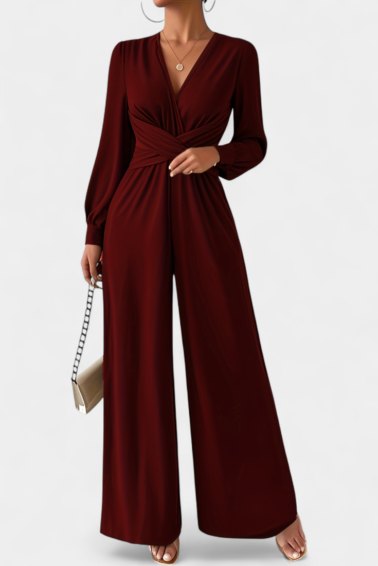 Eudora chic V-neck tailored jumpsuit shown in burgundy, green and black