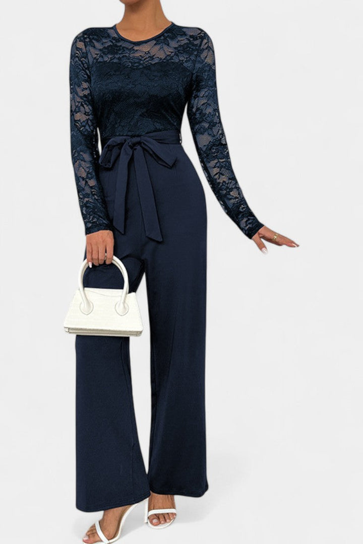 Éviana lace jumpsuit with sheer sleeves, wide-leg trousers and tied waist