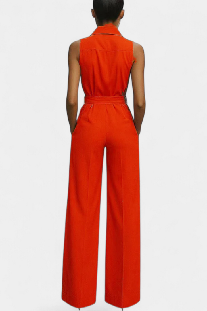 Ariella sleeveless jumpsuit with structured lapels, high waist and wide legs