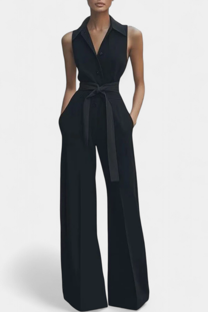 Ariella sleeveless jumpsuit with structured lapels, high waist and wide legs