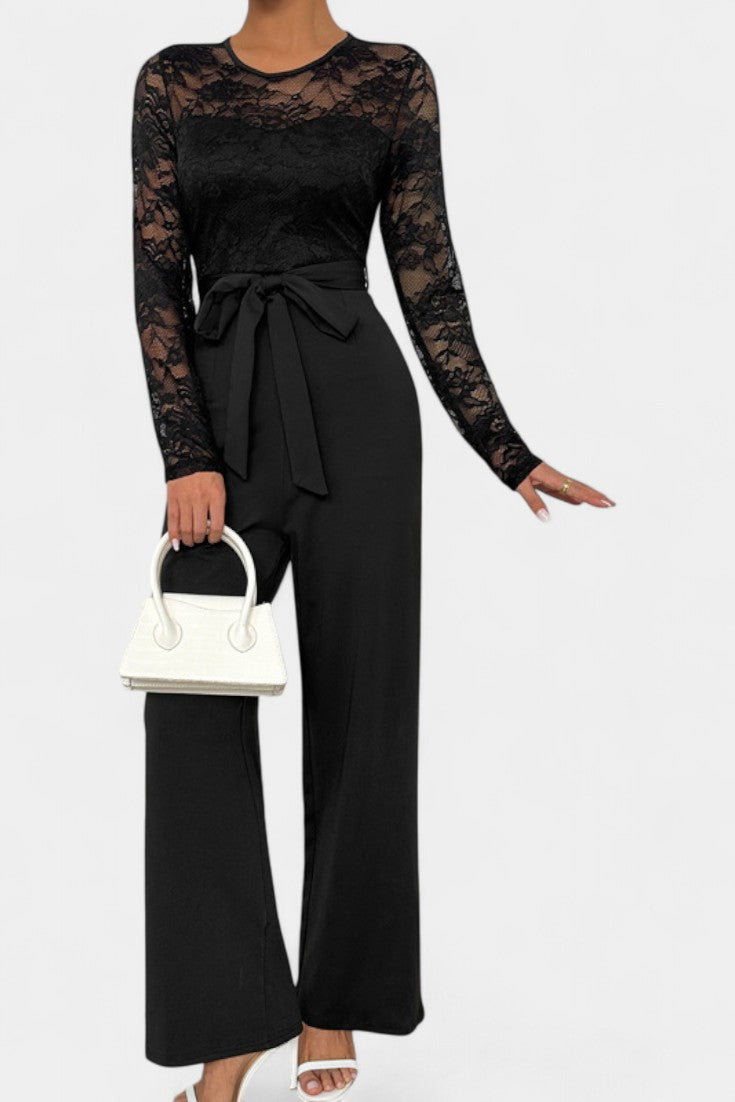 Éviana lace jumpsuit with sheer sleeves, wide-leg trousers and tied waist