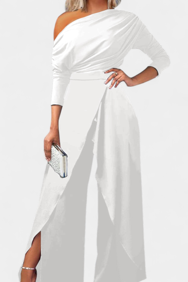 Brina asymmetrical jumpsuit with pearl-embellished shoulders and straight legs