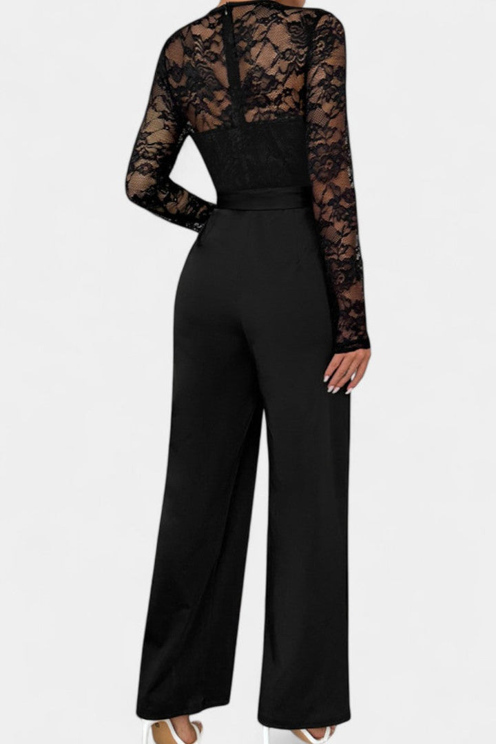 Éviana lace jumpsuit with sheer sleeves, wide-leg trousers and tied waist