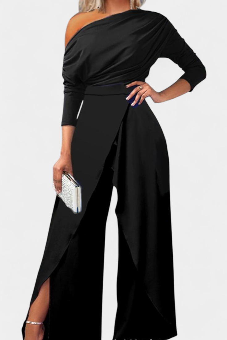 Brina asymmetrical jumpsuit with pearl-embellished shoulders and straight legs