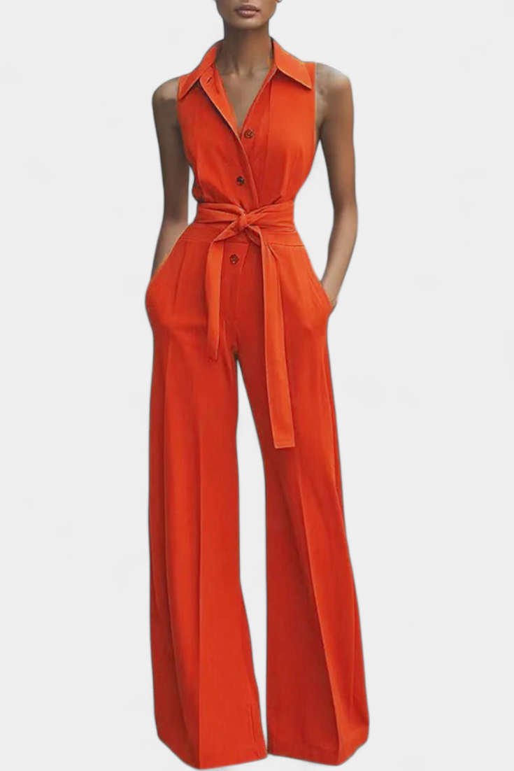 Ariella sleeveless jumpsuit with structured lapels, high waist and wide legs