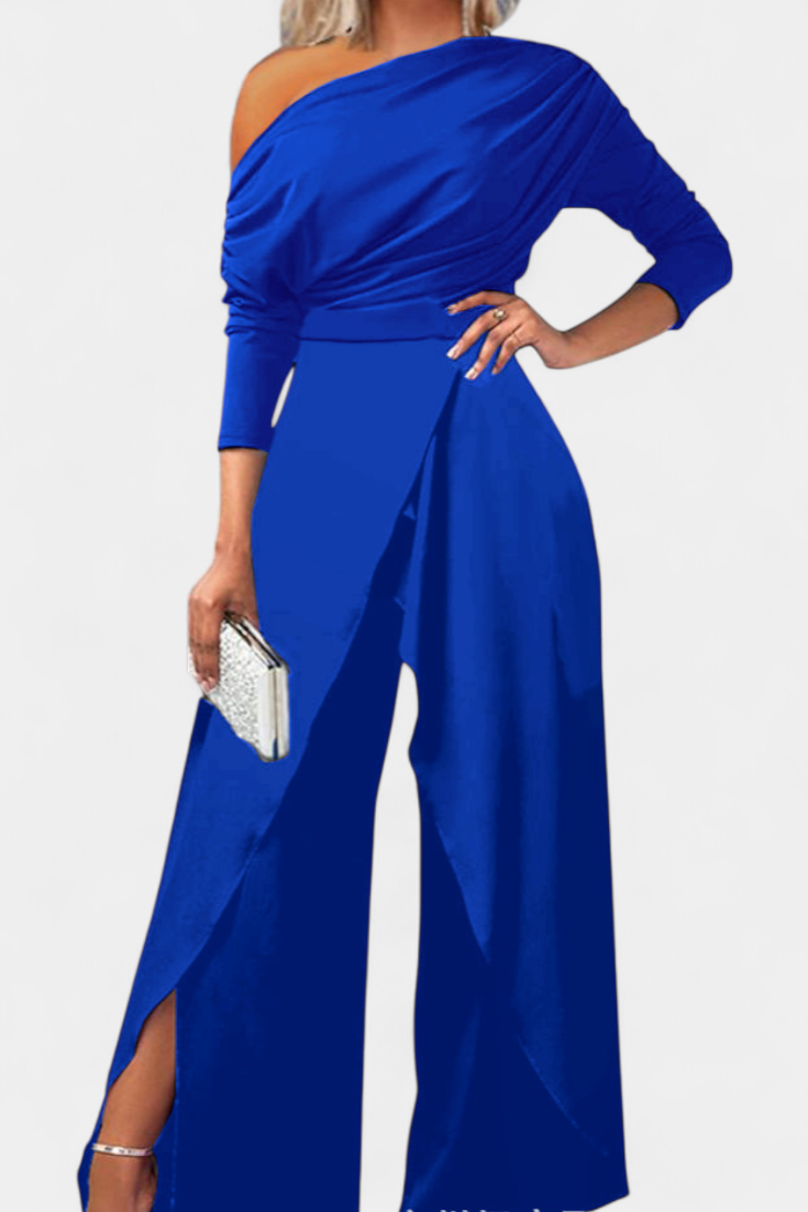Brina asymmetrical jumpsuit with pearl-embellished shoulders and straight legs
